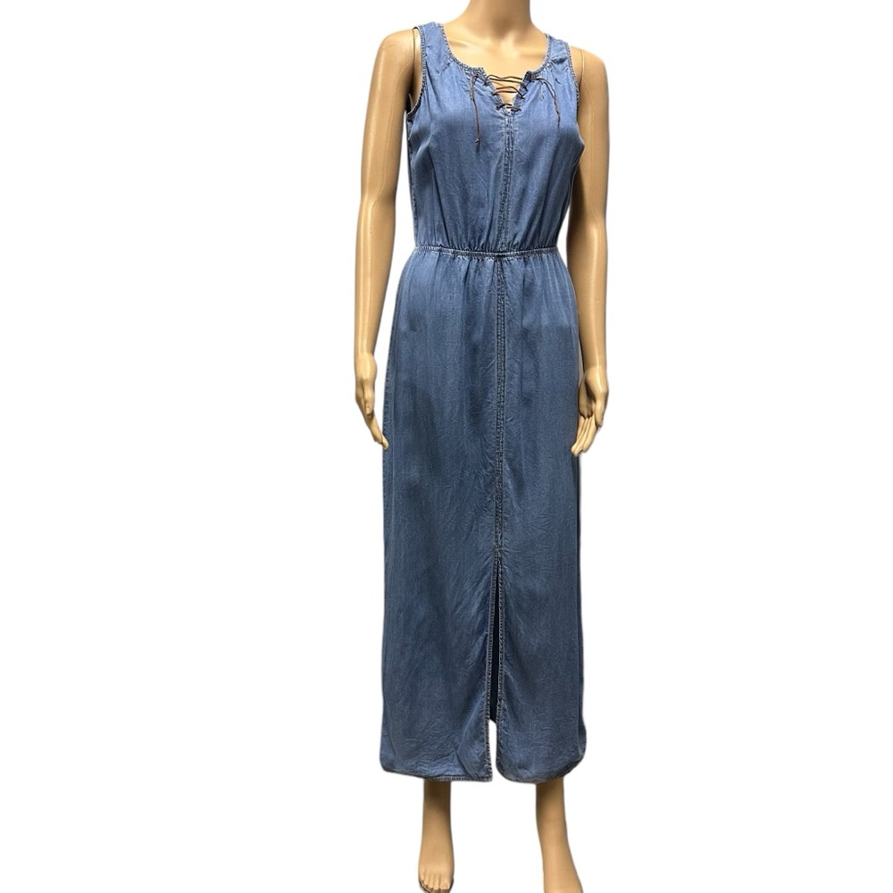 Bluet Sleeveless Chambray Tencel Slit Front Laced Neckline Maxi Dress Womens 2